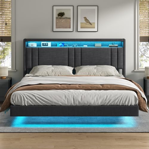 Polsterbett 160x200 cm, Schwebebett, Bettrahmen mit LED-Beleuchtung, Ladestation, Doppelbettgestell, Bettgestell mit Kopfteil, Bett, Schwebender visueller Effekt, für Schlafzimmer, Leinenstoff Grau
