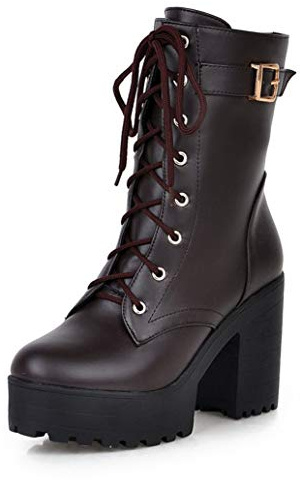Stivaletti con Tacco Largo Plateau Donna Stivali da Combattimento Stringati Stivali Invernali,Marrone,38 EU