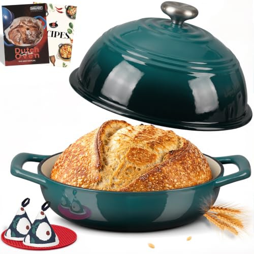 Overmont Pentola in Ghisa Smaltata per Pane - 5.7L Casseruola con Coperchio e Libro di Ricette - Per Cucina, Forno, Cuocere, Stufare e Arrostire - Blu lago