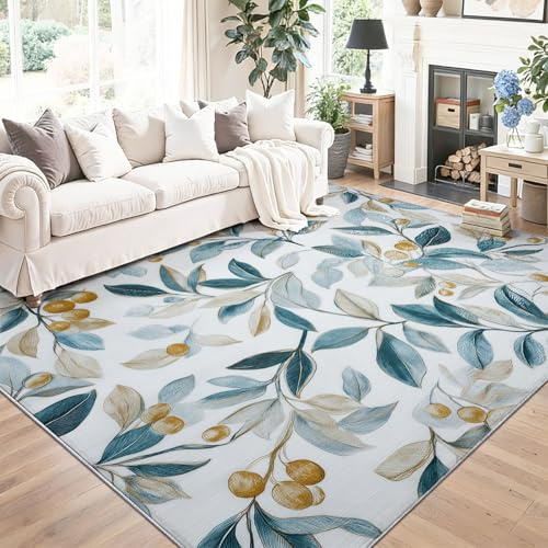 Pflanzen Teppiche 80 x 150 cm, Beeren Blätter Bedruckter langlebig & pflegeleicht Teppiche für Küche Flur Wohnzimmer Schlafzimmer Eingangsbereich, Grau Kurzflor Waschbare Teppich