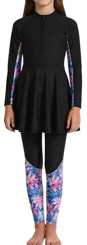 Happy Cherry Maillots de bain modestes pour filles 2 pièces avec pantalon de bain Débardeurs à manches longues pour adolescentes Maillots de bain pour l'été Surfwear pour la plage 5-16 ans, Noir , 12