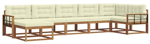 vidaXL Outdoor-Sofagarnitur mit Kissen 7 pcs Natur und Creme, Modernes Akazienholz Outdoor-Sofaset, langlebige Gartenmöbel, Flexible Anordnung für die Terrasse, Bequeme Lounge im Hinterhof
