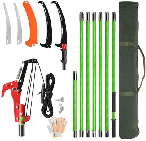 Outopee 24FT Telescopic Tree Pruner with Steel Blade and Shears, Green | 2 in 1 – Manual Pole Saw & Long Reach Pruning Saw, Extendable Branch Cutter for Garden, Oak, Palm Outdoor Use