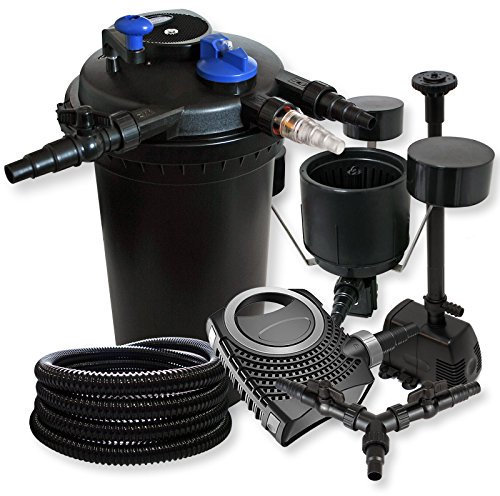 SunSun Komplettset: CPF-15000 Teichdruckfilter bis 30000 L mit 18 Watt UV-C Teichklärer, NEO10000 Teichpumpe 10000l/h 80W, 25m Schlauch 25mm, CSP-250 Skimmer 2500l/h, HJ-943 Springbrunnen, Y-Verteiler