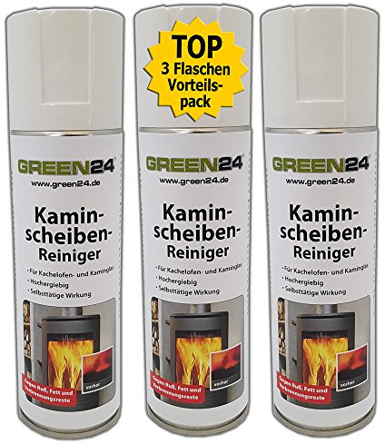3 Flaschen Vorteilspack! PROFI Kaminscheiben-Reiniger Glasreiniger für Kachelofen und Kamin. GREEN24 Schaum Spray gegen Ruß, Fett und Verbrennungsreste. Hochergiebig und mit selbsttätiger Wirkung.
