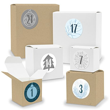 itenga DIY AdventskalenderSet V03 zum Selberbefüllen 24x Quader Würfel gemischt WEISS/BRAUN (Kraftkarton) + Sticker (Motiv Z16 Blautöne)