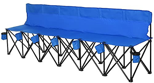 Outsunny 6 Seater Folding Bench, Outdoor Camping Chair Portable Sports Spectator Chair with Metal Frame, Cup Holder & Carry Bag, Blue