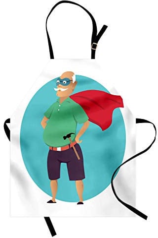 ABAKUHAUS Opa Kochschürze, Super Grandpa mit Hammer und Einem Cape auf Blue Circle Hintergrund in Cartoon-Stil, Farbfest Höhenverstellbar Waschbar Klarer Digitaldruck, Mehrfarbig