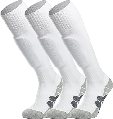 APTESOL Knielang Fußballsocken Kinder Jugend Erwachsene Lang Sportsocken Kissen Atmungsaktiv Soccer Trainingssocke (3-Paar Weiß-A, EU 40-44)