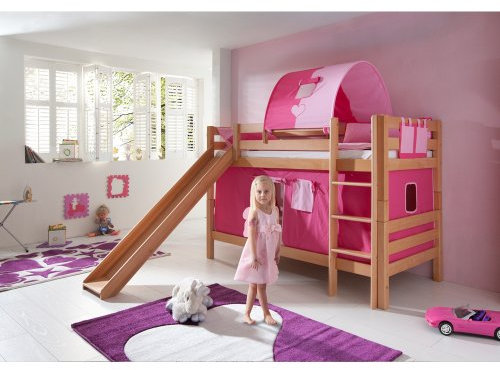 Relita Etagenbett Bill, Buche Natur massiv, mit Rutsche + Stoffset pink-rosa