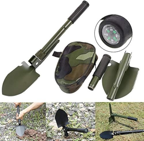 Hovico Military Portable Folding Shovel and Pickax, Small Compact Pickaxe with Carrying Pouch, Military Entrenching Survival Multitool for Camping, Hiking, Backpacking, Pouch Included(Green)