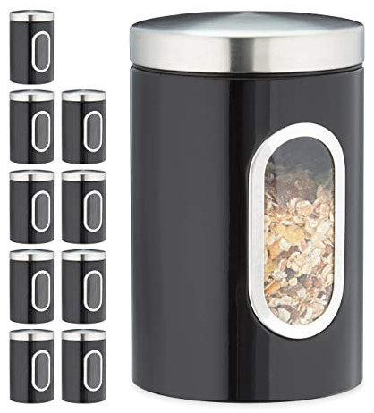Relaxdays 10 x Vorratsdose, 1,4 L, mit Deckel und Sichtfenster, für Kaffee, Mehl, Pasta, Aufbewahrungsdose Küche, Metall, schwarz