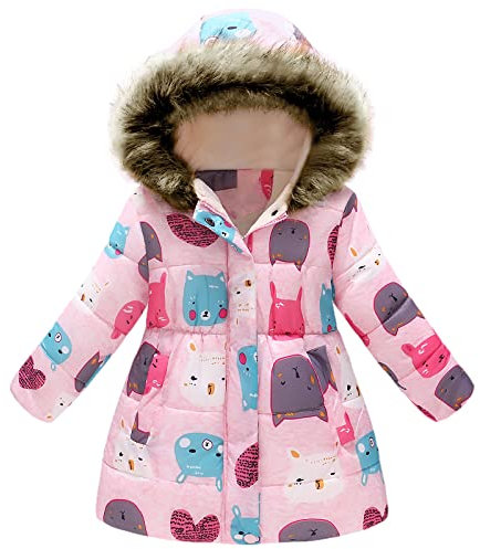 amropi Cappotto Bambini Ragazze Floreale Giacca con Cappuccio Inverno Giacche Cappotti Rosa Cartone, 6-7 Anni