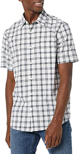 Amazon Essentials Men's Short-Sleeve Stretch Poplin Shirt (Available in Big & Tall), Navy White Plaid, XS
