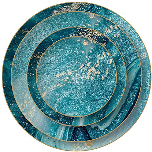 YYHH Service de table en céramique, 4 pièces de vaisselle moderne en porcelaine bleu sarcelle, turquoise, comprend des assiettes plates, assiettes à dessert, passe au lave-vaisselle, résistantes aux