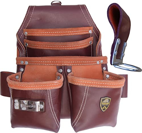 ZAKCO, PRO-16 Genuine Leather 5 Pockets with Front Dual Load Nail & Tool Pouch with Extra Hammer Holder, Leather Tool Pouch, Carpenters Tool Belt, FRAMERS Leather Tool POCH