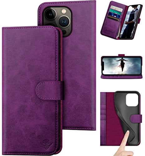 DuckSky for iPhone 14 Pro Max 6.7 Genuine Leather Wallet case【RFID Blocking】【4 Credit Card Holder】【Real Leather】 Flip Folio Book Protective Cover Women Men for Apple 14 ProMax 5G Phone case Purple
