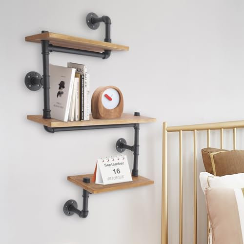 Gorgivous 3 Schichten Industrielles Rohrregal Massivholz, Multifunktionale Wand hängende Regal, Bücherregal Lagerung Regal Retro Bücherregal für Wohnzimmer, Küche, Bar