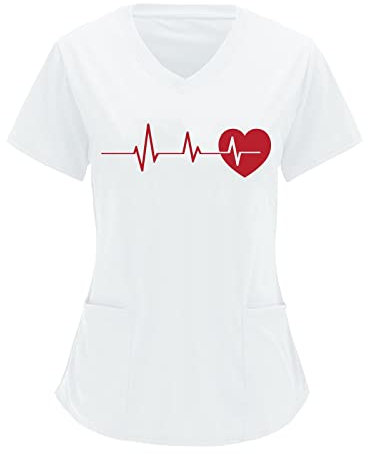 Kasacks Damen Pflege Bunt Herz Gedruckt Schlupfkasack Damen Pflege Muster Kurzarm V-Ausschnitt Kittel Damen Berufskleidung Mit Taschen Pflege Kittel Damen Kasack