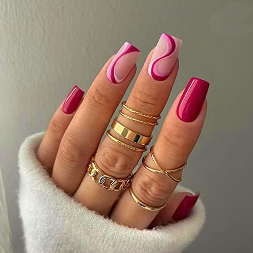24Pcs French Press on Nails Short, Square Swirl Design False Nails Elegant Ballet Fake Nail with Glue Sticker Colorful Wave Glue on Nail for Women and Teen Girls
