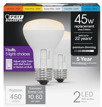 Feit Electric R20 LED Light Bulb, 45W Equivalent, Dimmable, Color Selectable 6-Way, 5CCT, E26 Medium Base, 90 CRI, 450 Lumens, Damp Rated Track or Spot Light, 22-Year Lifetime, R20DM/6WYCA/2, 2 Pack