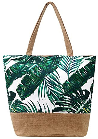 crazy bean Borsa da Spiaggia Casual Grande con Chiusura Zip Borsa Mare Donna con Stampa Borsa Tracolla Shopper Foglie Bianche Taglia Unica