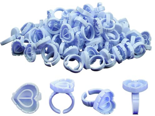 OVALA 100pcs Glue Rings Smart Glue Cups Lash Glue Holder Ring Cup,Disposable Glue Cups Lash Glue Rings Lovely Heart Shape for Eyelash Extensions (BLUE)