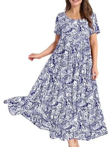 YESNO Damen Kurzarm Freizeit Sommer Boho Kleider mit Taschen EJFDE | Leichter atmungsaktiver Stoff; lockerer weiter Maxi-Sitz; vielseitiges Sommerkleid für Urlaub, Strand und Alltag