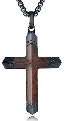Ropartman Wooden Cross Necklace for Men, Real Ebony Inset In Black Stainless Steel Christian Wood Crucifix Pendant, Adjustable Necklace 24+2 Box Chain (Ebony Cross Necklace)