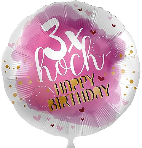 Folienballon dreimal Hoch Happy Birthday 3x Hoch Deko Geburtstag Ballon Erwachsene Kinder Luftballon Made in EU