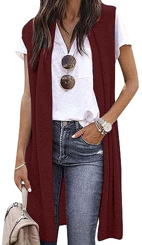 OMZIN Women's Lightweight Cardigan Vest Casual Soft Sleeveless Solid Color Knit Cardigans Draped Duster Burgundy XL