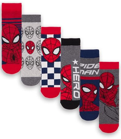 Marvel Spiderman Boys 6er Pack Socken | Kinder Mehrfarbige sportliche Charaktersocken | Spider-Man Avenger Superhelden Grafik Schuhe | Bequemes Kindersocken-Set Bundle Filmspiel Merchandise Geschenk