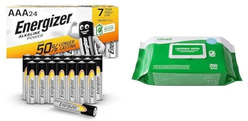 Energizer AAA Batteries, Alkaline Power, 24 Pack, Triple A Battery Pack - Amazon Exclusive & Clinell Universal Cleaning and Disinfectant Wipes for Surfaces (BCW200)
