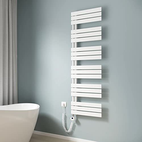 EMKE Scaldasalviette elettrico da bagno, 1599 x 500 mm, scaldasalviette elettrico con termostato, scaldasalviette elettrico, scaldasalviette con barra riscaldante, bianco, 1000 W