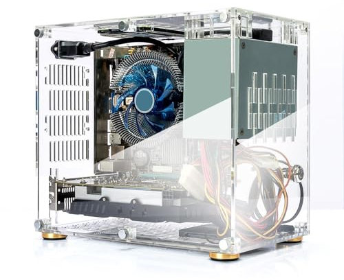Mini ITX PC Gaming Case, Pequeño Mini ITX Caso, Acrílico Transparente Caja de la Computadora Chasis 360 Grados Abierto Hueco Refrigeración DIY Placa Base Pequeña Caja de PC