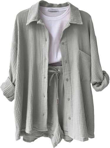 Yoga Outfit Damen Set Kurz 2 Teiler Zweiteiler Für Damen Sommer Kleidung Casual Anzug Sommer Outfit Damen Festival Outfit Damen Outfit Damen Set Kurz Kleidung Damen Sommer（2-Light Gray,S