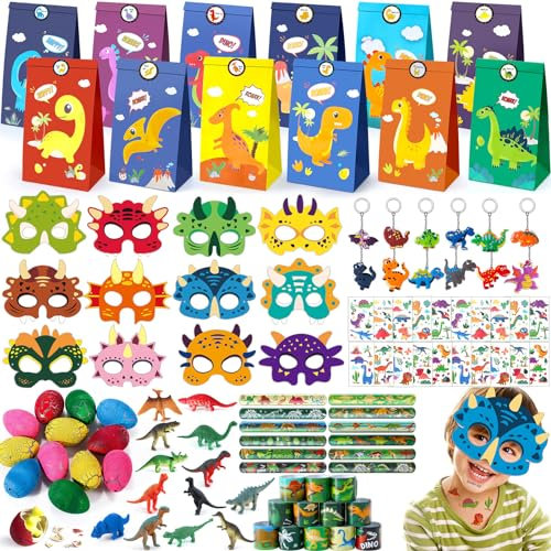 Tacobear Dino Party Mitgebsel Kindergeburtstag Gastgeschenke Junge mit Dino Maske Schnapparmband Schlüsselanhänger Mini Dinosaurier Ei Figuren Tattoos Geschenktüten Pinata Füllung Kinder Give Aways