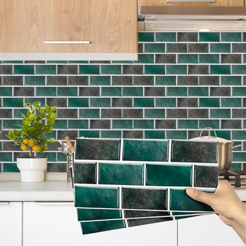 Decoroom Tile Stickers Green 12pcs/15x30cm Peel and Stick Vinyl Brick Self Adhesive Wall Tiles Waterproof DIY Home Decor Stick on Kitchen Transfers Bathroom Backsplash