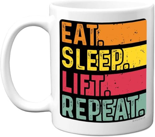 kisoyo Geburtstagstasse, Geschenke für Männer und Frauen, Sie – Essen, Schlafen, Heben, Wiederholen – lustiges Happy Birthday-Geschenk für Workout-Liebhaber, Krafttraining, 325 ml, Keramik,
