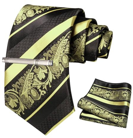 JEMYGINS Set di cravatte da uomo con rose miste e motivo a righe, con fermacravatta e fazzoletto, giallo chiaro, M