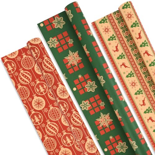 AhfuLife 3 Rollen Lang Geschenkpapier Weihnachten Set, 60cm x 6.5m Weihnachtspapier Set, Nature Kraftpapier Große Weihnachtsgeschenkpapier für Xmas Weihnachten Papier Geschenke Geburtstag Verpackung