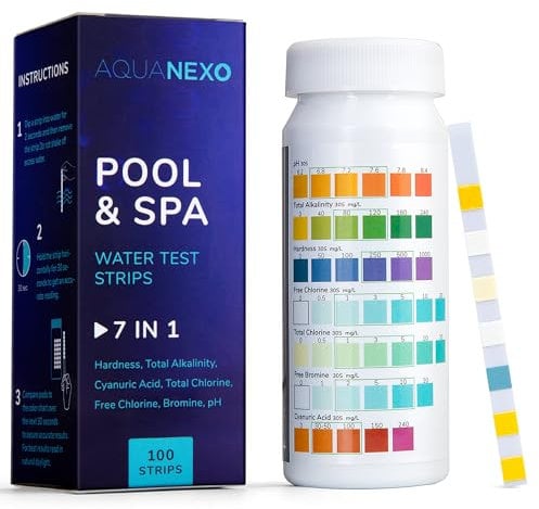 AQUANEXO 100 Pool Teststreifen Pool & Spa 7-in-1, Pool Zubehör, Pooltester für Planschbecken Schwimmbad, Wassertester für Pools, Pool Tester pH und Chlor, Brom, Alkalinität, CYA, Gesamthärte