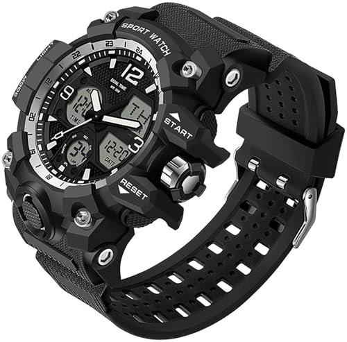 findtime Militär Armbanduhr Herren, Analog Digital Sportuhr mit Alarm/Stoppuhr/ZweiZeitzonen/LED Harzarmband Laufuhr