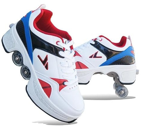 Wttagkl® Roller Skate Shoes Rollschuhe Schuhe Mit Rollen Skateboardschuhe,Inline-Skate,verstellbar Roller Skateschuhe mit Rollen, Laufen Skateboard,Rollschuhe, White Blue-31EU(Inseam:205mm)