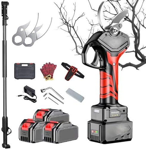Forbici Elettriche da Potatura, Forbici da Ramo a Portata Lunga con Asta Telescopica da 2,2 m, Diametro di Taglio 70 mm, con 3 Batterie e 1 Caricabatterie, Alimentate per Siepe, Cespuglio, Frutteto