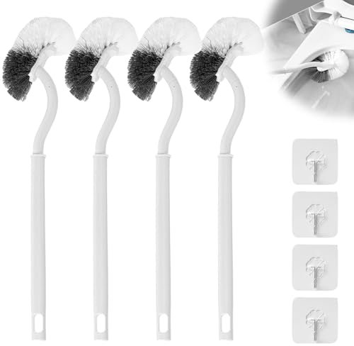 4 Stück Toilettenbürste, WC-Bürste mit klebehaken, Klobürste mit Randreiniger, Gebogenes Design, Langer Stiel Kunststoff Reinigungsbürste WC Bürste, Toilettenbürsten für Tiefenreinigung, Weiß