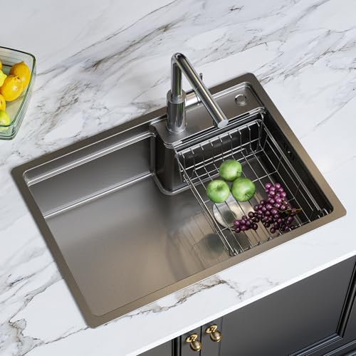 HOROW Fregadero de cocina de 62 x 44 cm, acero inoxidable, 1 lavabo empotrable, incluye sifón, cesta de fregadero, superficie en relieve, resistente al aceite y a los arañazos