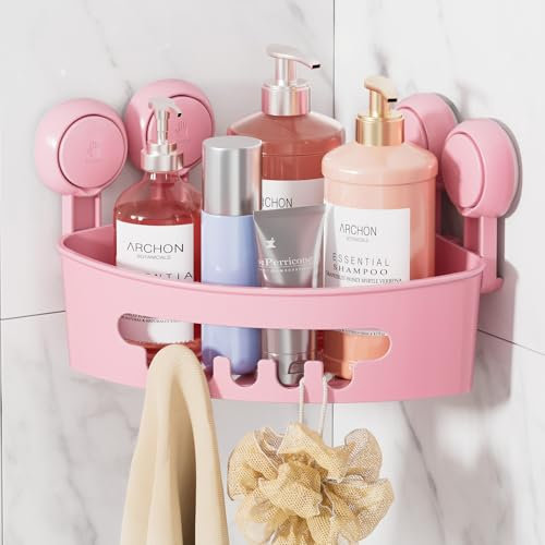 LEVERLOC Ecke Duschablage Saugnapf ohne Bohren Duschorganizer Duschregal Saugnäpfe Duschgel Halterung Abnehmbar Belastbarkeit 10 KG Wasserdicht Badregal mit Saugnapf für Shampoo und Duschgel - Rosa