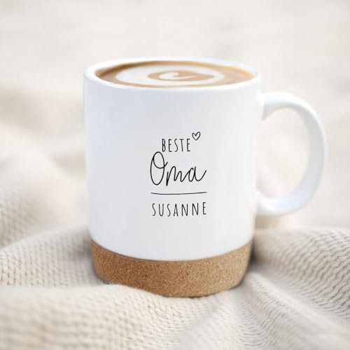 hellomini Personalisierte Keramik-Tasse mit Korkboden & Deckel – Individuelles Geschenk zum Geburtstag – Hochwertig & einzigartig (Beste Oma)