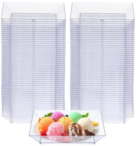 byepica Lot de 100 assiettes carrées en plastique transparent, 8,9 x 8,9 cm, petites assiettes de service à dessert, plateaux d'apéritif réutilisables pour mariages et fêtes